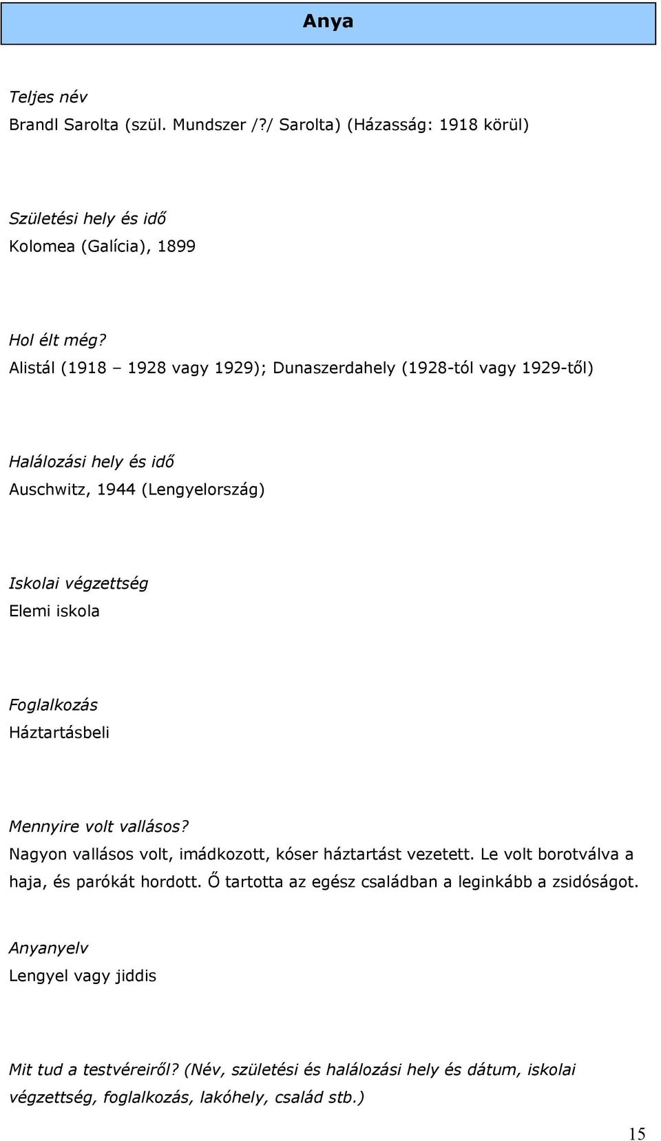 Foglalkozás Háztartásbeli Mennyire volt vallásos? Nagyon vallásos volt, imádkozott, kóser háztartást vezetett. Le volt borotválva a haja, és parókát hordott.