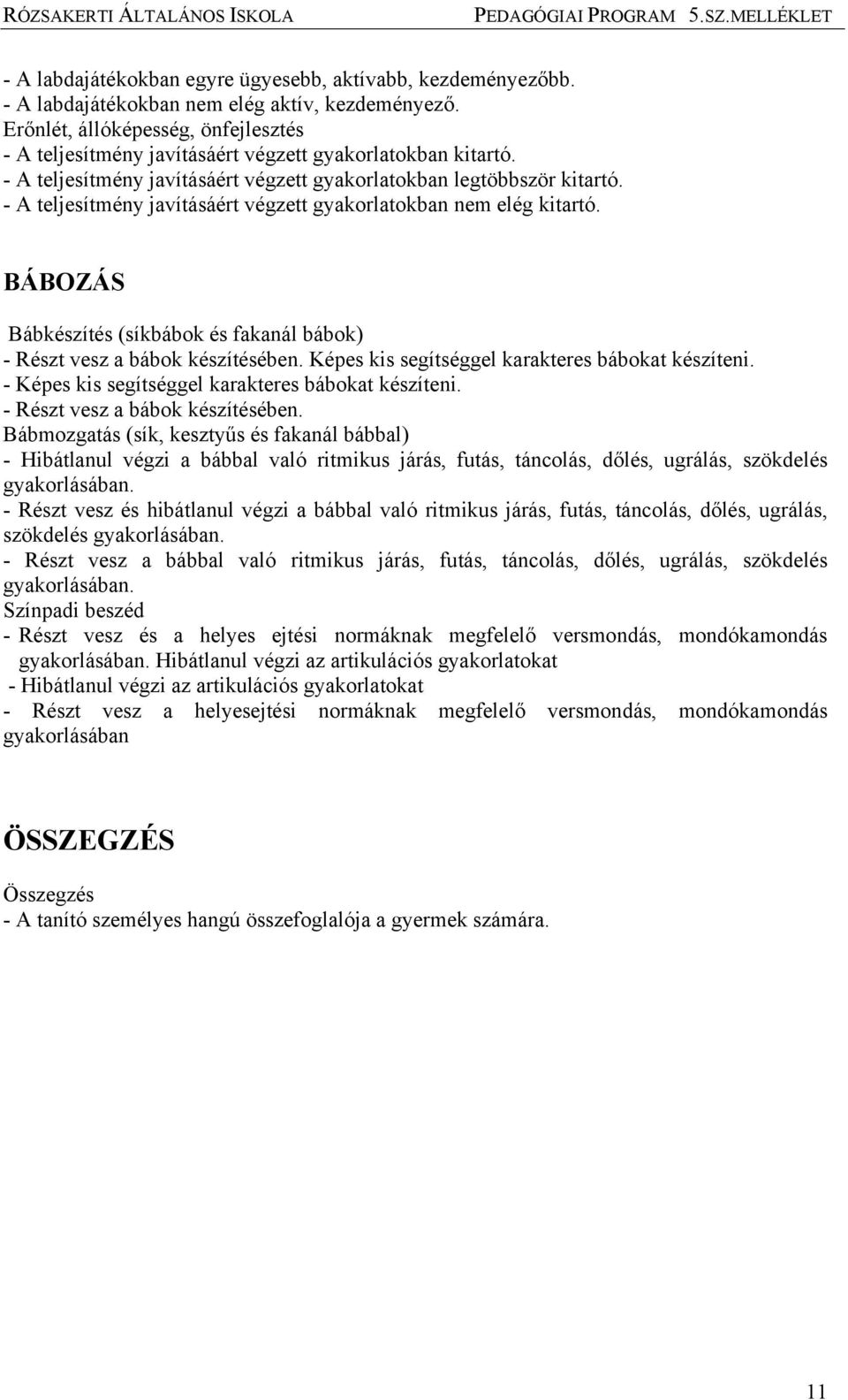 - A teljesítmény javításáért végzett gyakorlatokban nem elég kitartó. BÁBOZÁS Bábkészítés (síkbábok és fakanál bábok) - Részt vesz a bábok készítésében.