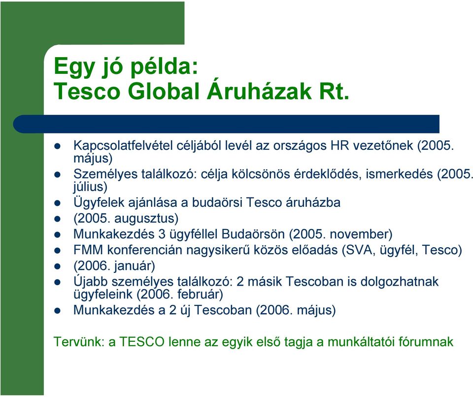 augusztus) Munkakezdés 3 ügyféllel Budaörsön (2005. november) FMM konferencián nagysikerű közös előadás (SVA, ügyfél, Tesco) (2006.