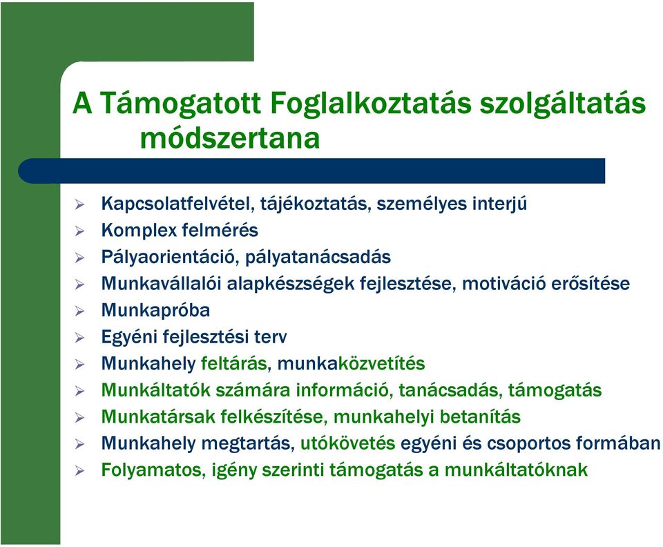 terv Munkahely feltárás, munkaközvetítés Munkáltatók számára információ, tanácsadás, támogatás Munkatársak felkészítése,