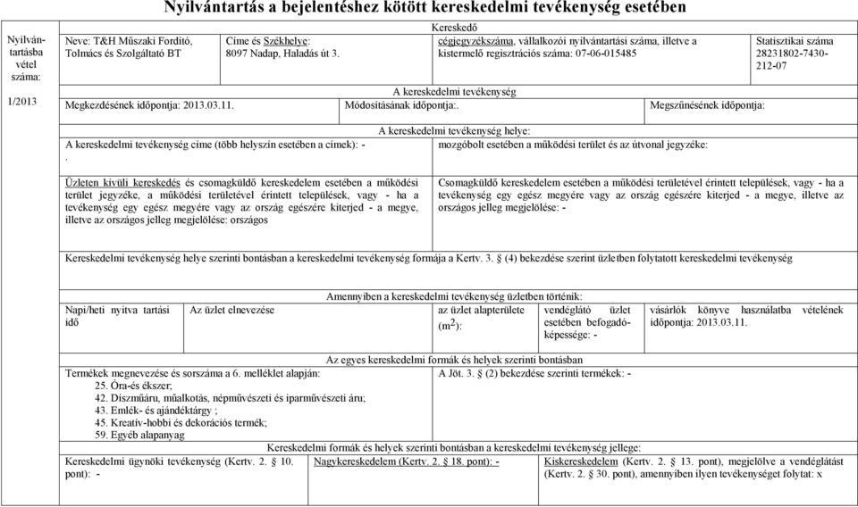 Módosításának időpontja:. Megszűnésének időpontja: Statisztikai száma 28231802-7430- 212-07 A kereskedelmi tevékenység címe (több helyszín esetében a címek): -.