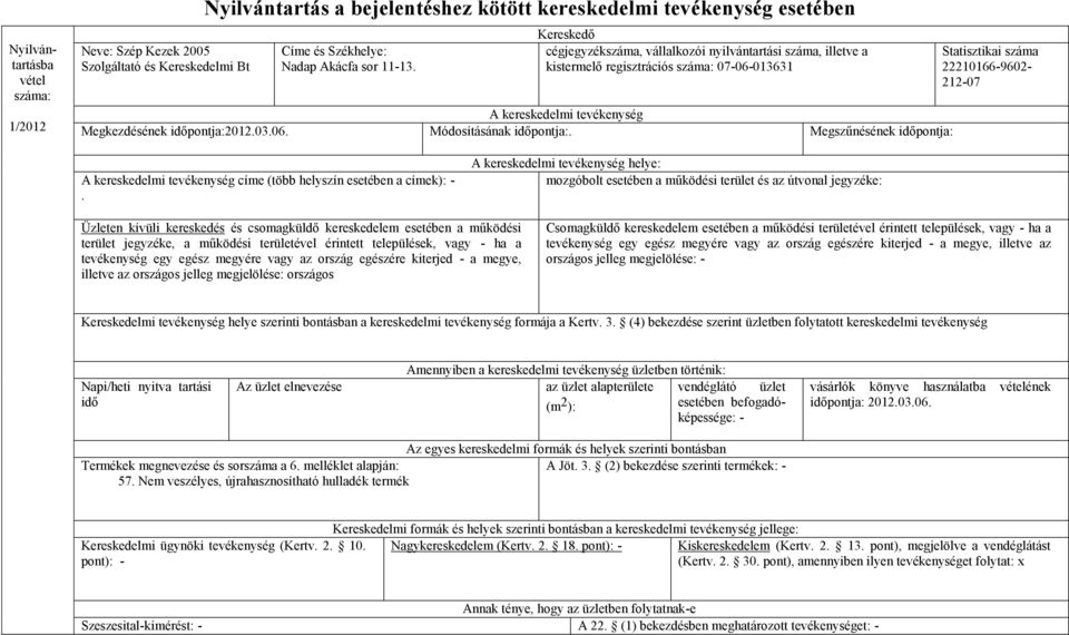 Megszűnésének időpontja: Statisztikai száma 22210166-9602- 212-07 A kereskedelmi tevékenység címe (több helyszín esetében a címek): -.