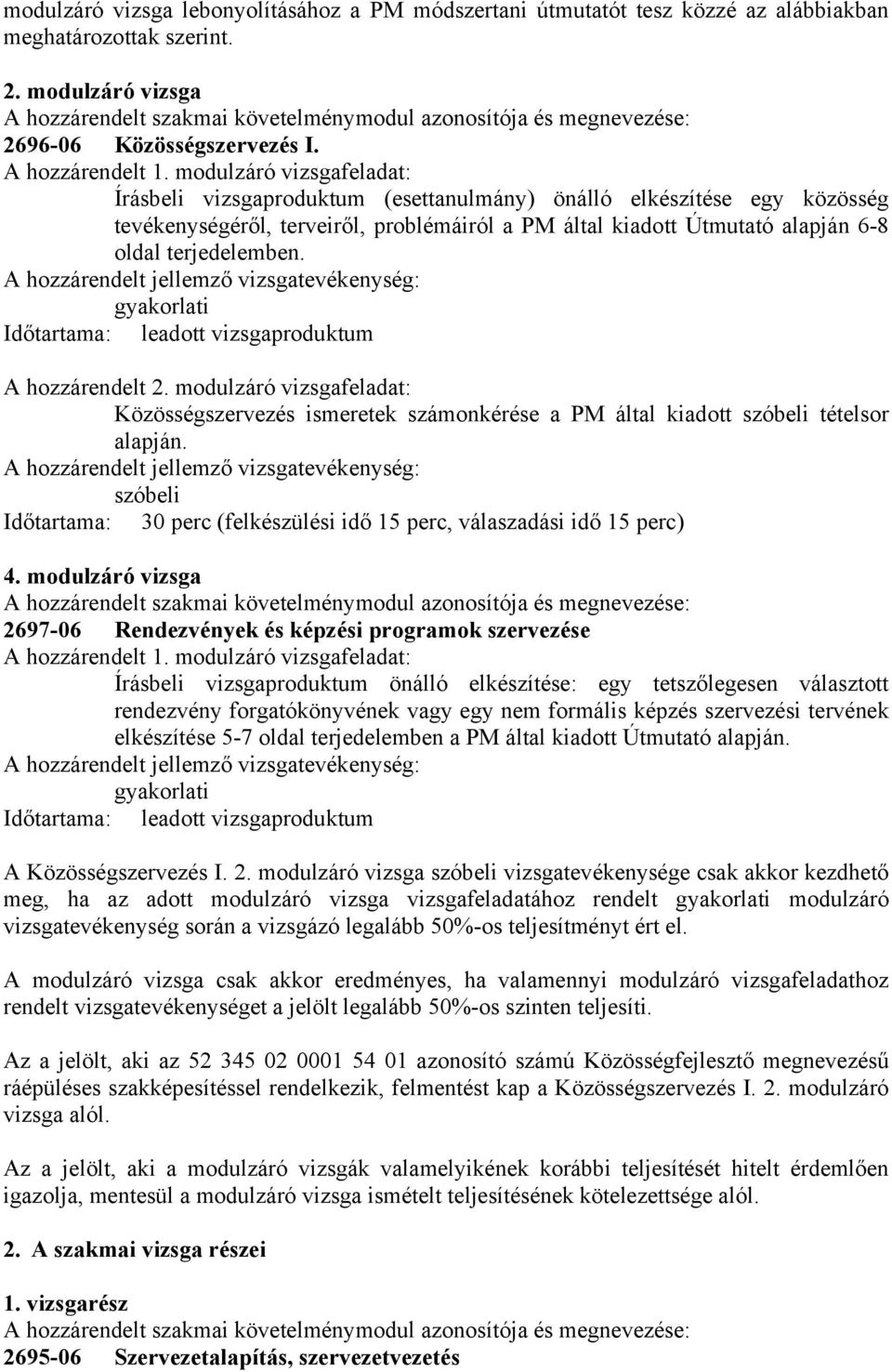 modulzáró vizsgafeladat: Írásbeli vizsgaproduktum (esettanulmány) önálló elkészítése egy közösség tevékenységéről, terveiről, problémáiról a PM által kiadott Útmutató alapján 6-8 oldal terjedelemben.