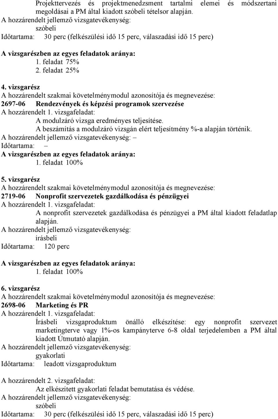 vizsgarész A hozzárendelt szakmai követelménymodul azonosítója és megnevezése: 2697-06 Rendezvények és képzési programok szervezése A hozzárendelt 1.