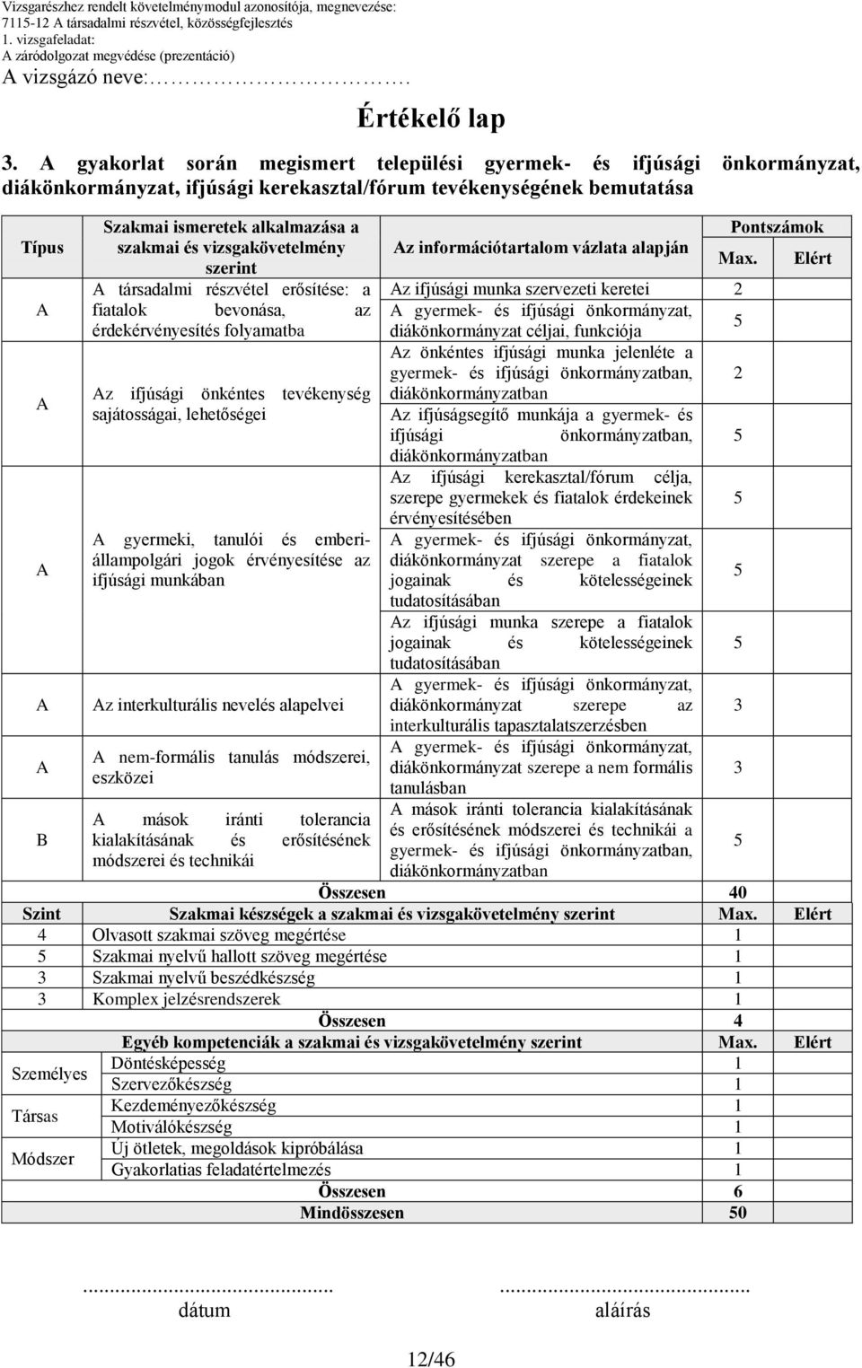 szakmai és vizsgakövetelmény z információtartalom vázlata alapján szerint Max.