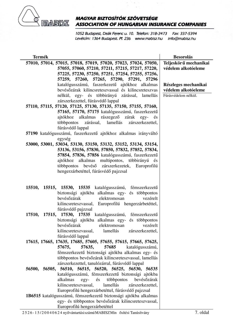 57130, 57135, 57150, 57155, 57160, 57165, 57170, 57175 katalógusszámú, faszerkezetű ajtókhoz alkalmas rászegező zárak egy- és többpontos zárással, lamellás zárszerkezettel, 57190 katalógusszámú,