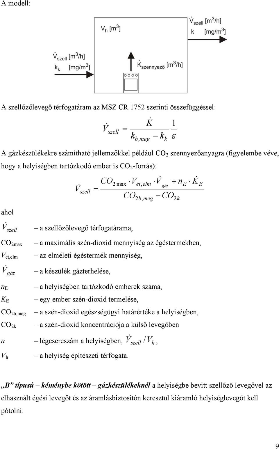 szén-dioxid mennyiség az égéstermékben, az elméleti égéstermék mennyiség, V & gáz a készülék gázterhelése, n E K E CO 2b,meg CO 2k a helyiségben tartózkodó emberek száma, egy ember szén-dioxid