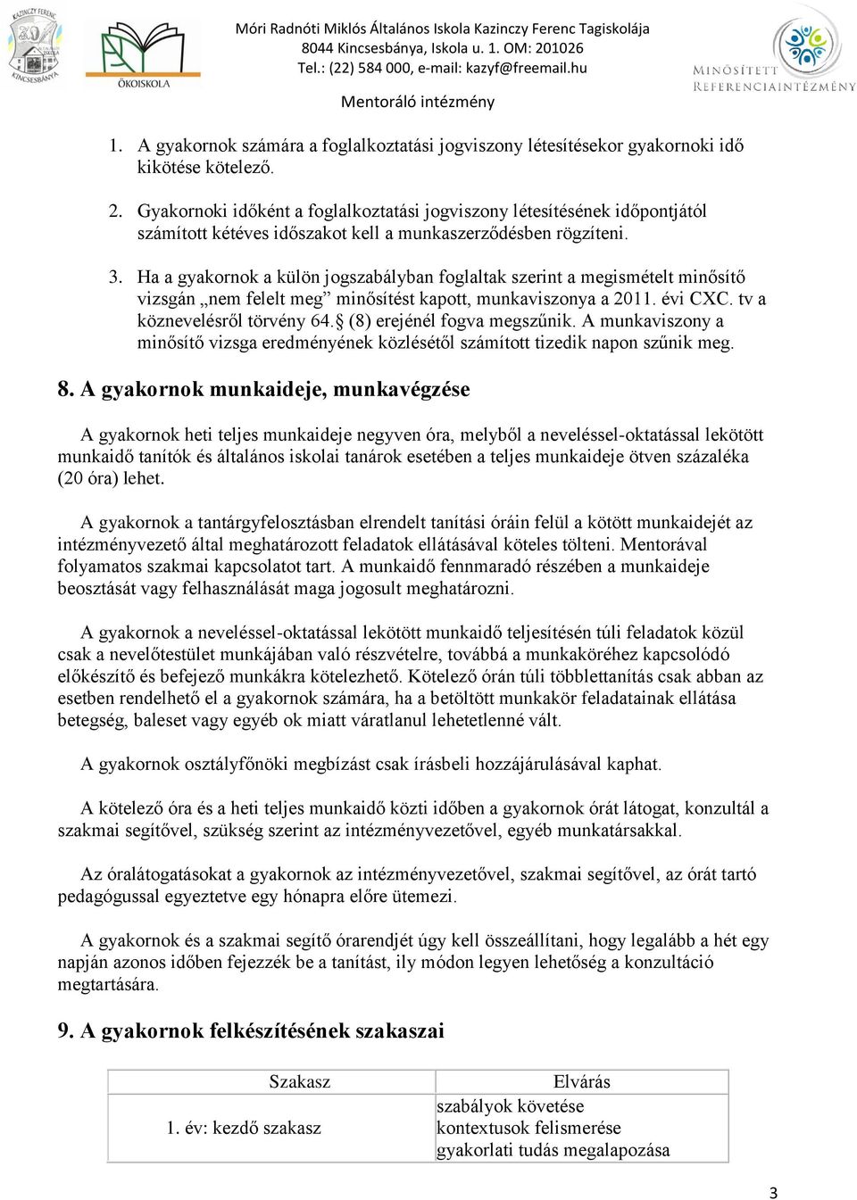 Ha a gyakornok a külön jogszabályban foglaltak szerint a megismételt minősítő vizsgán nem felelt meg minősítést kapott, munkaviszonya a 2011. évi CXC. tv a köznevelésről törvény 64.