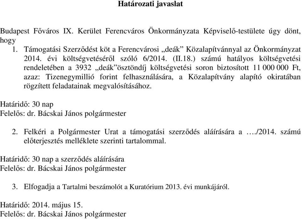 ) számú hatályos költségvetési rendeletében a 3932 deák ösztöndíj költségvetési soron biztosított 11 000 000 Ft, azaz: Tizenegymillió forint felhasználására, a Közalapítvány alapító