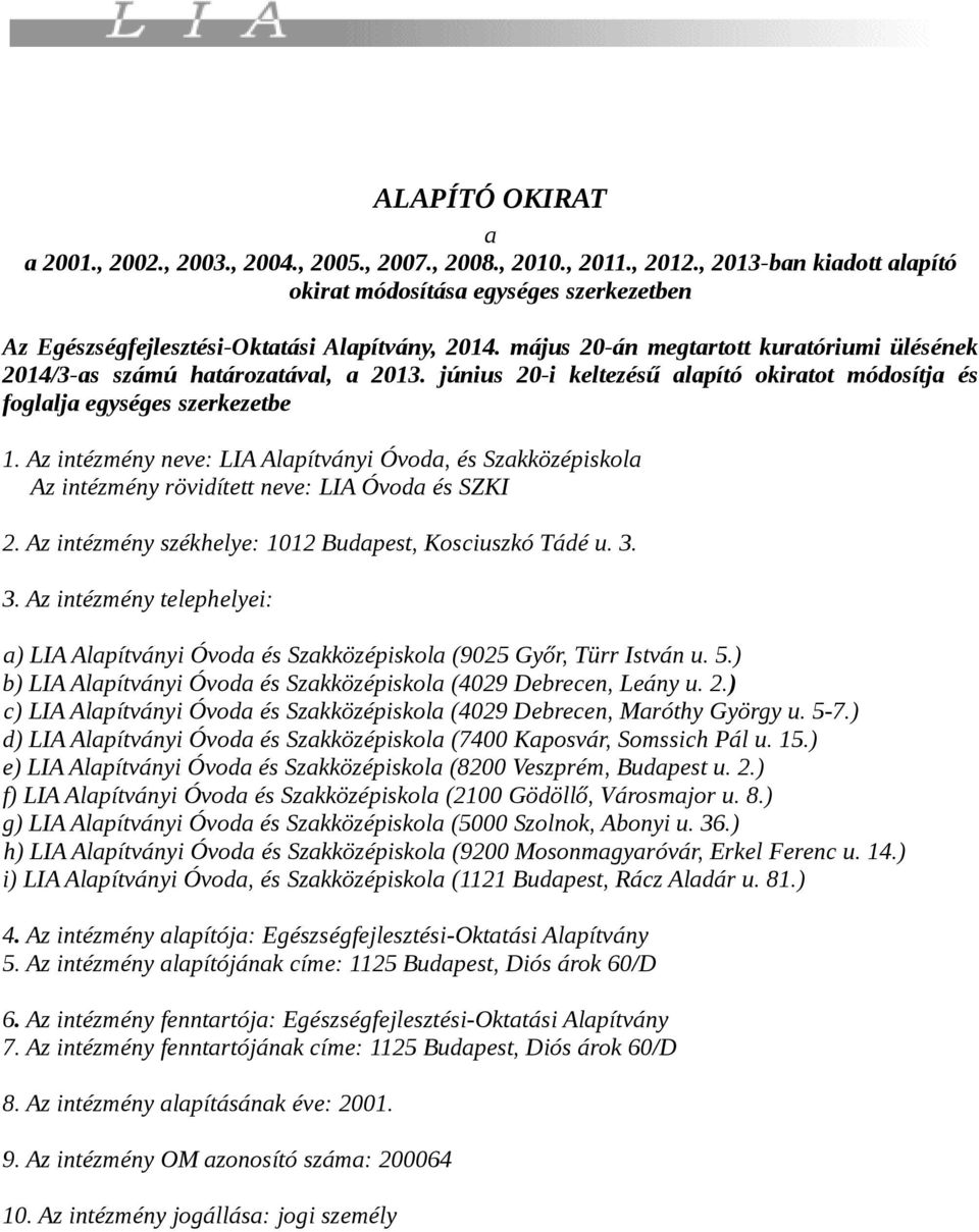 Az intézmény neve: LIA Alapítványi Óvoda, é Szakközépikola Az intézmény rövidített neve: LIA Óvoda é SZKI 2. Az intézmény zékhelye: 1012 Budapet, Kociuzkó Tádé u. 3.