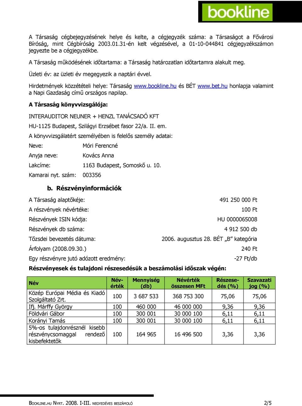 Üzleti év: az üzleti év megegyezik a naptári évvel. Hirdetmények közzétételi helye: Társaság www.bookline.hu és BÉT www.bet.hu honlapja valamint a Napi Gazdaság című országos napilap.