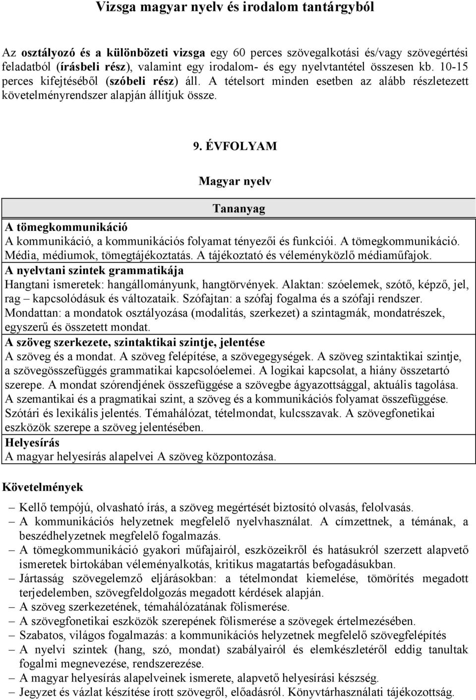 ÉVFOLYAM Magyar nyelv A tömegkommunikáció A kommunikáció, a kommunikációs folyamat tényezıi és funkciói. A tömegkommunikáció. Média, médiumok, tömegtájékoztatás.