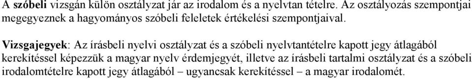 Vizsgajegyek: Az írásbeli nyelvi osztályzat és a szóbeli nyelvtantételre kapott jegy átlagából kerekítéssel