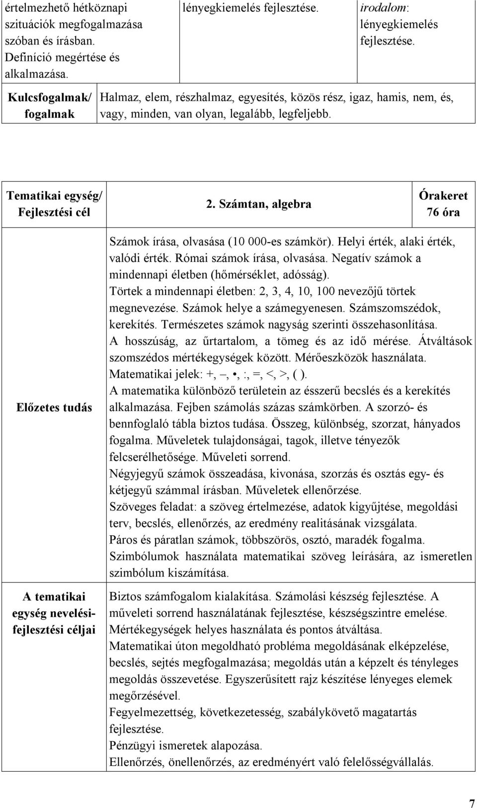 Tematikai egység/ Fejlesztési cél 2. Számtan, algebra Órakeret 76 óra Előzetes tudás A tematikai egység nevelésifejlesztési céljai Számok írása, olvasása (10 000-es számkör).