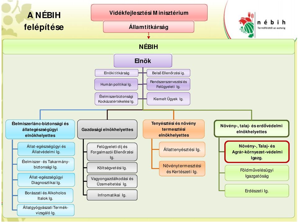 Élelmiszerlánc-biztonsági és állategészségügyi elnökhelyettes Gazdasági elnökhelyettes Tenyésztési és növény termesztési elnökhelyettes Növény-, talaj- és erdővédelmi elnökhelyettes