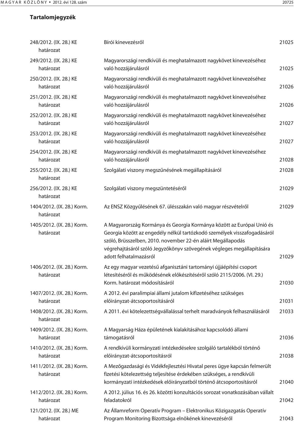 határozat 1405/2012. (IX. 28.) Korm. határozat 1406/2012. (IX. 28.) Korm. határozat 1407/2012. (IX. 28.) Korm. határozat 1408/2012. (IX. 28.) Korm. határozat 1409/2012. (IX. 28.) Korm. határozat 1410/2012.