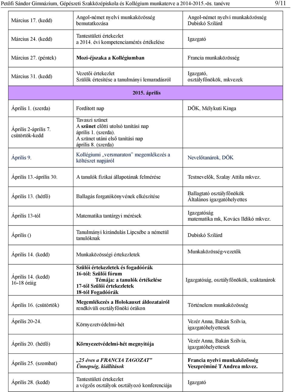 (péntek) Mozi-éjszaka a Kollégiumban Francia munkaközösség Március 31. (kedd) Vezetői értekezlet Szülők értesítése a tanulmányi lemaradásról 2015. április Igazgató, osztályfőnökök, mkvezek Április 1.