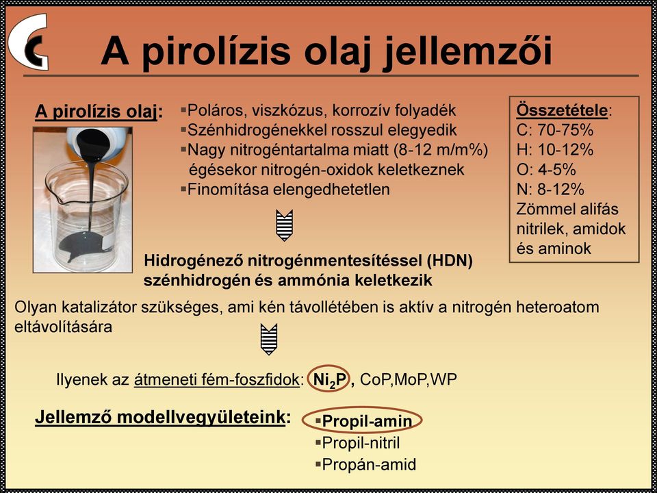 keletkezik Összetétele: C: 70-75% H: 10-12% O: 4-5% N: 8-12% Zömmel alifás nitrilek, amidok és aminok Olyan katalizátor szükséges, ami kén