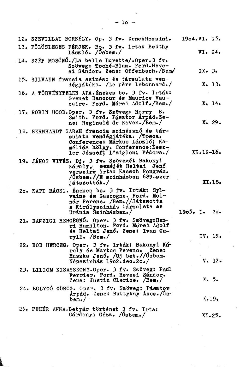 írták: Grenet Dancour és Maurice Vaucaire. Ford. Móréi Adolf./Bem./ X. 14. 17. ROBIN HOOD.Oper. 3 fv. Szöveg: Harry B. Smith. Ford. Pásztor Árpád.Zene: Reginald de Köven./Bem./ X. 29. 18.
