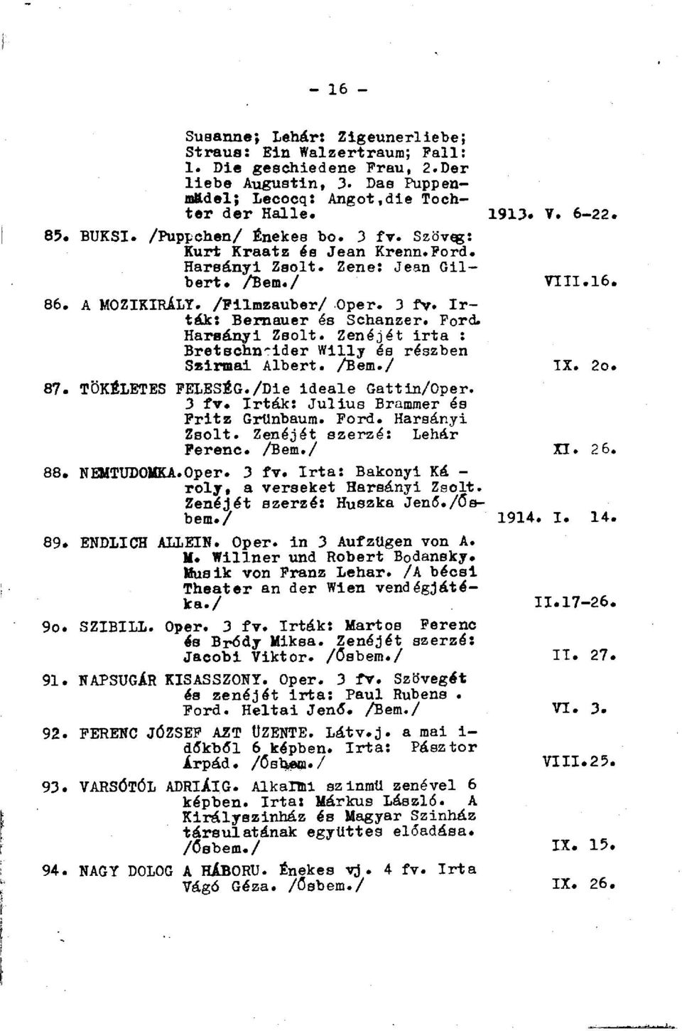 Harsányi Zsolt. Zenéjét irta : Bretschn'ider Willy és részben Szirmai Albert. /Bem./ IX. 2o. 87. TÖKÉLETES FELESÉG./Die ideale Gattin/Oper. 3 fv. írták: Julius Brammer és Fritz Grünbaum. Ford.