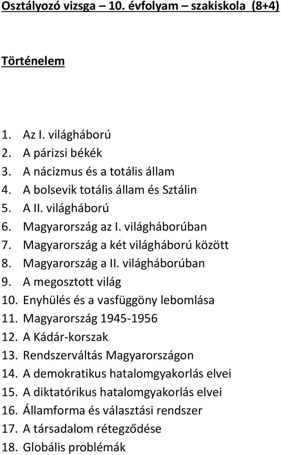 világháborúban 9. A megosztott világ 10. Enyhülés és a vasfüggöny lebomlása 11. Magyarország 1945-1956 12. A Kádár-korszak 13.
