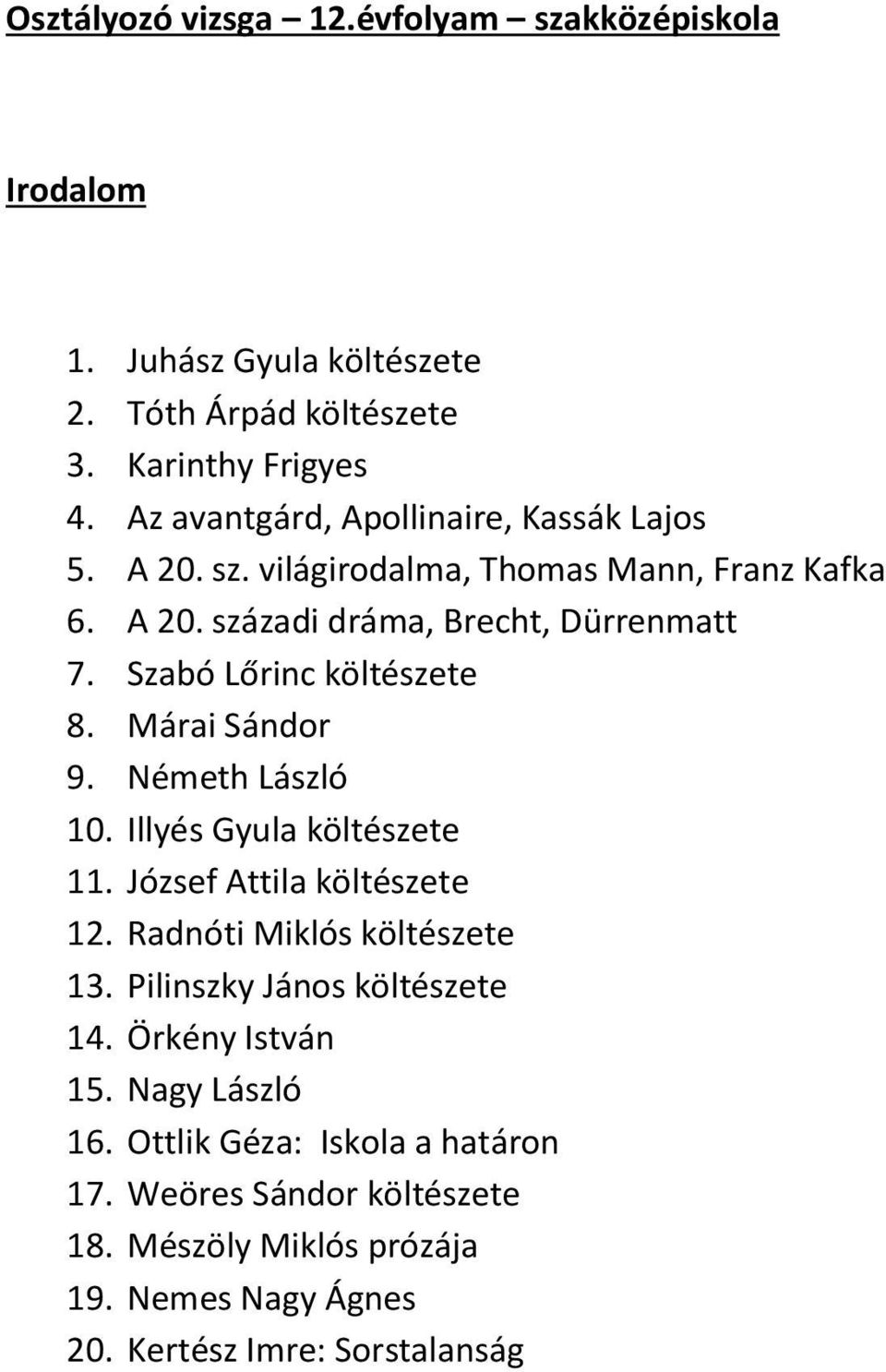 Szabó Lőrinc költészete 8. Márai Sándor 9. Németh László 10. Illyés Gyula költészete 11. József Attila költészete 12. Radnóti Miklós költészete 13.