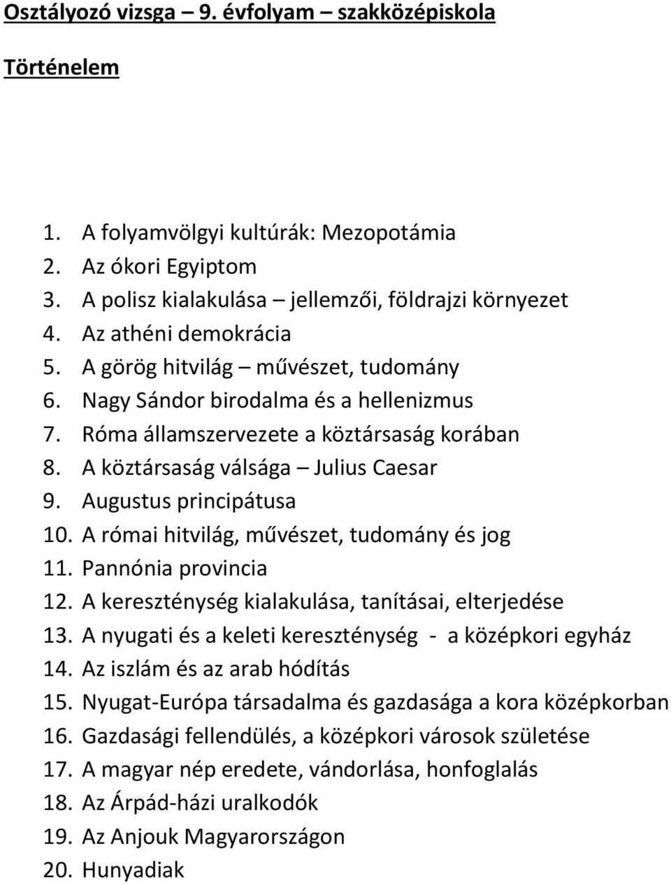 A római hitvilág, művészet, tudomány és jog 11. Pannónia provincia 12. A kereszténység kialakulása, tanításai, elterjedése 13. A nyugati és a keleti kereszténység - a középkori egyház 14.