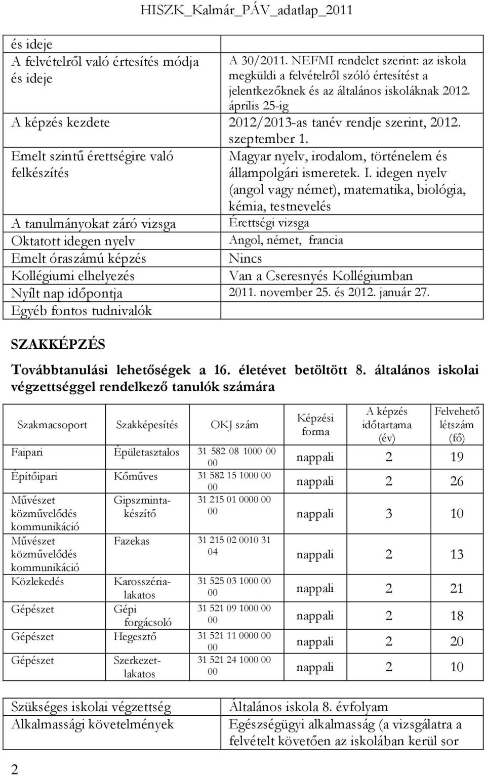 idegen nyelv (angol vagy német), matematika, biológia, kémia, testnevelés A tanulmányokat záró vizsga Érettségi vizsga Angol, német, francia Emelt óraszámú képzés Nyílt nap időpontja 2011.