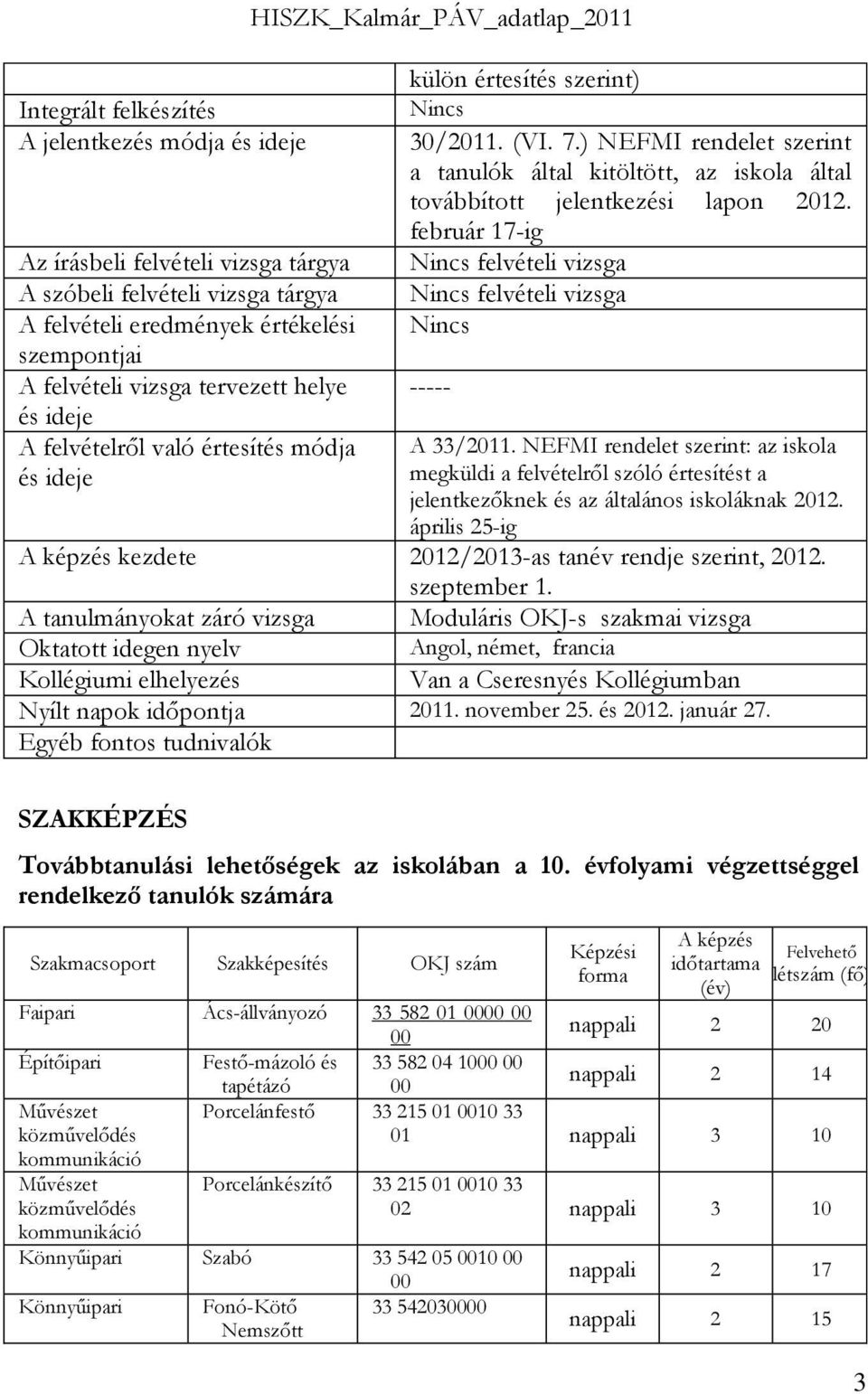 február 17-ig felvételi vizsga felvételi vizsga ----- A 33/2011. NEFMI rendelet szerint: az iskola megküldi a felvételről szóló értesítést a jelentkezőknek és az általános iskoláknak 2012.