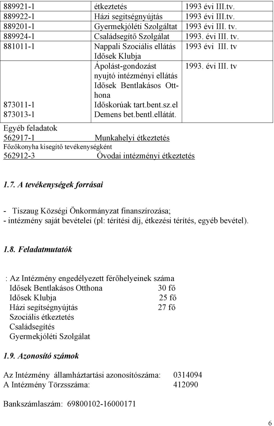 Egyéb feladatok 562917-1 Munkahelyi étkeztetés Főzőkonyha kisegítő tevékenységként 562912-3 Óvodai intézményi étkeztetés 1993. évi III. tv 1.7. A tevékenységek forrásai - Tiszaug Községi Önkormányzat finanszírozása; - intézmény saját bevételei (pl: térítési díj, étkezési térítés, egyéb bevétel).