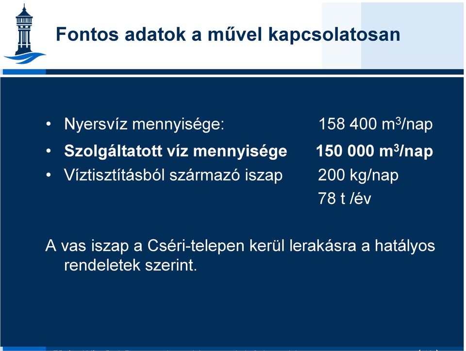 Víztisztításból származó iszap 200 kg/nap 78 t /év A vas