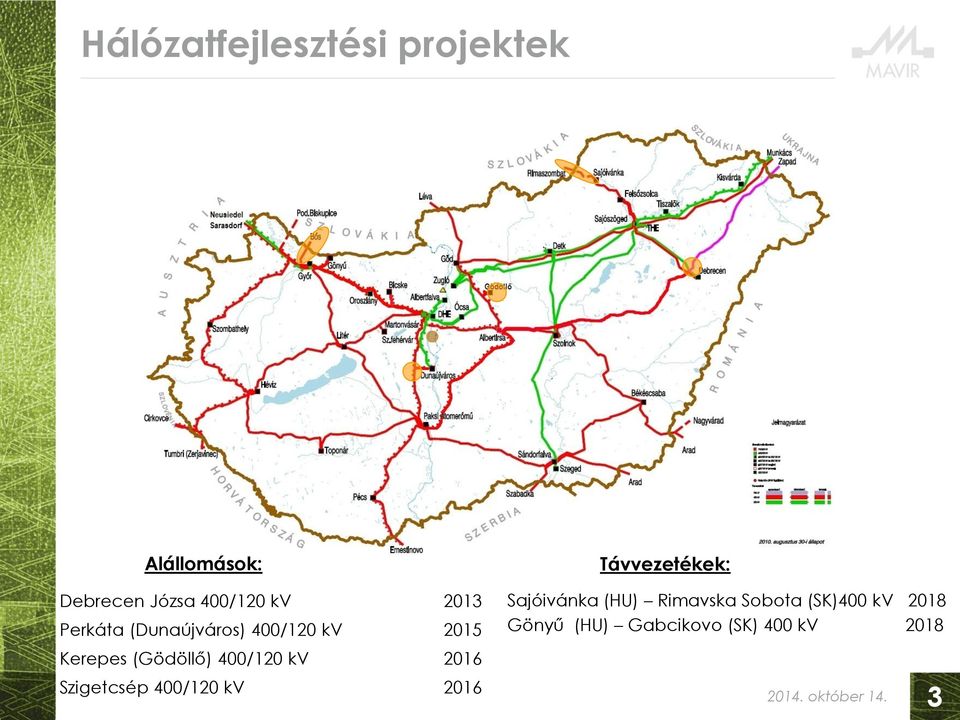 kv 2016 Szigetcsép 400/120 kv 2016 Távvezetékek: Sajóivánka (HU)