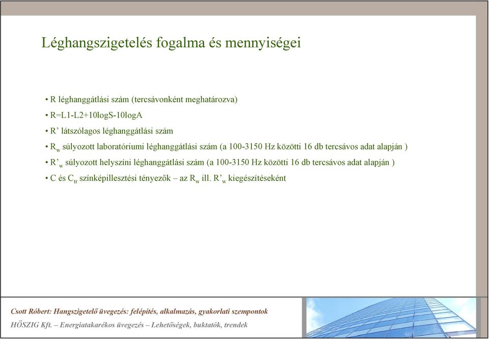 (a 100150 Hz közötti 16 db tercsávos adat alapján ) R w súlyozott helyszíni léghanggátlási szám (a