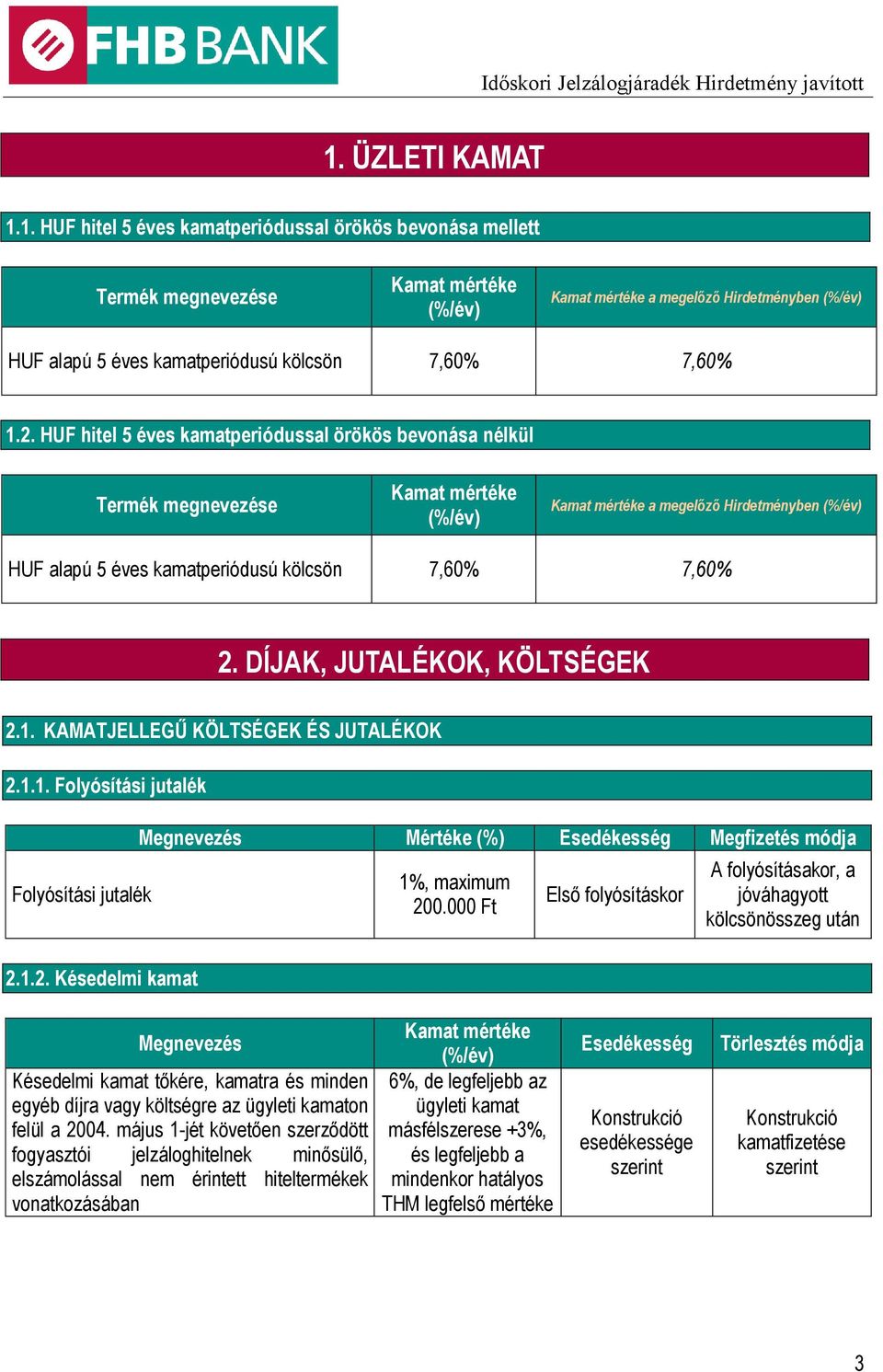 KAMATJELLEGŰ KÖLTSÉGEK ÉS JUTALÉKOK 2.1.1. Folyósítási jutalék Folyósítási jutalék 2.1.2. Késedelmi kamat Megnevezés Mértéke (%) Esedékesség Megfizetés módja 1%, maximum 200.