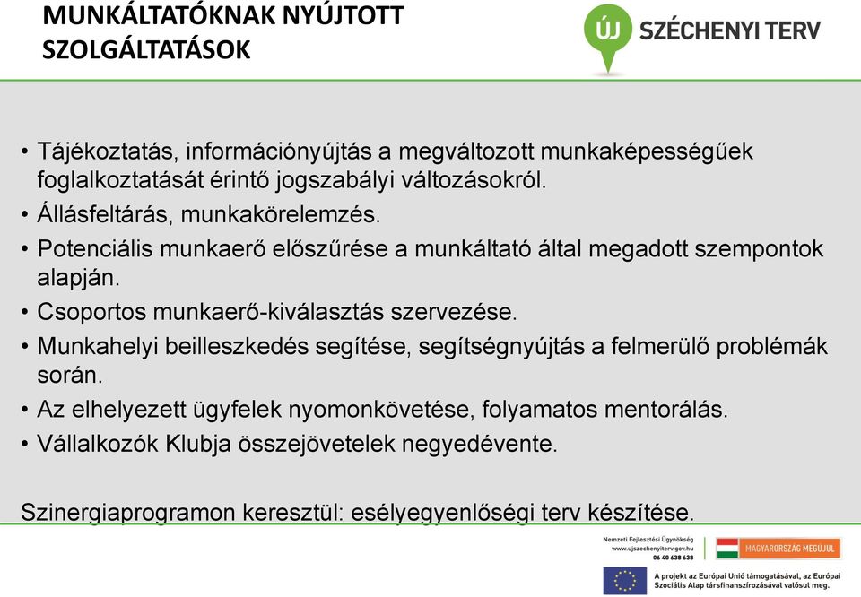 Csoportos munkaerő-kiválasztás szervezése. Munkahelyi beilleszkedés segítése, segítségnyújtás a felmerülő problémák során.