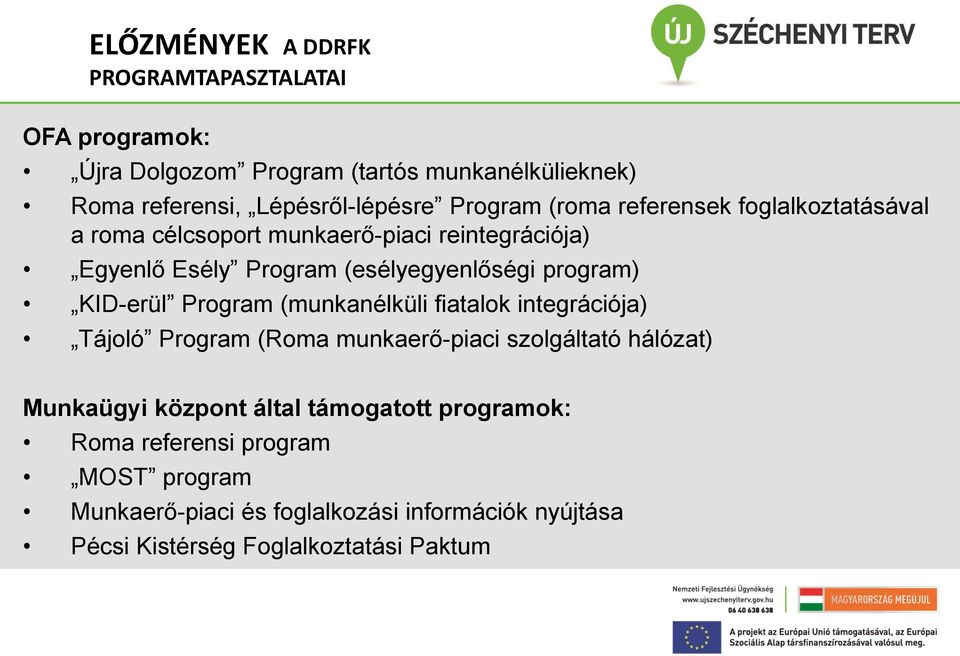 program) KID-erül Program (munkanélküli fiatalok integrációja) Tájoló Program (Roma munkaerő-piaci szolgáltató hálózat) Munkaügyi központ