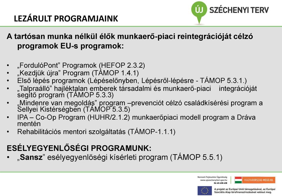 3.3) integrációját Mindenre van megoldás program prevenciót célzó családkísérési program a Sellyei Kistérségben (TÁMOP 5.3.5) IPA Co-Op Program (HUHR/2.1.