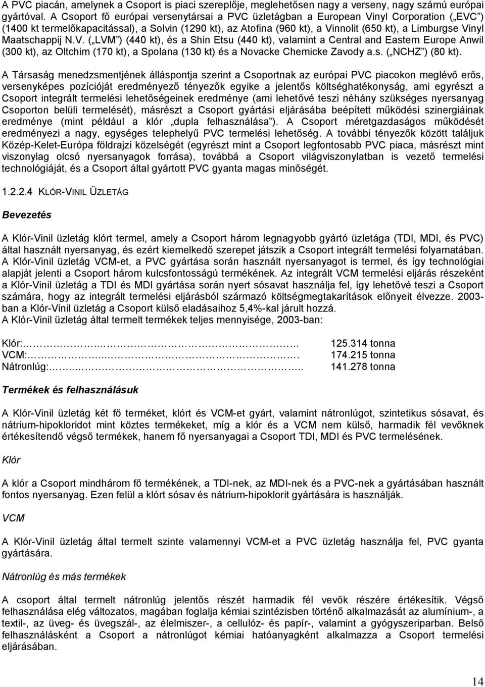 Maatschappij N.V. ( LVM ) (440 kt), és a Shin Etsu (440 kt), valamint a Central and Eastern Europe Anwil (300 kt), az Oltchim (170 kt), a Spolana (130 kt) és a Novacke Chemicke Zavody a.s. ( NCHZ ) (80 kt).