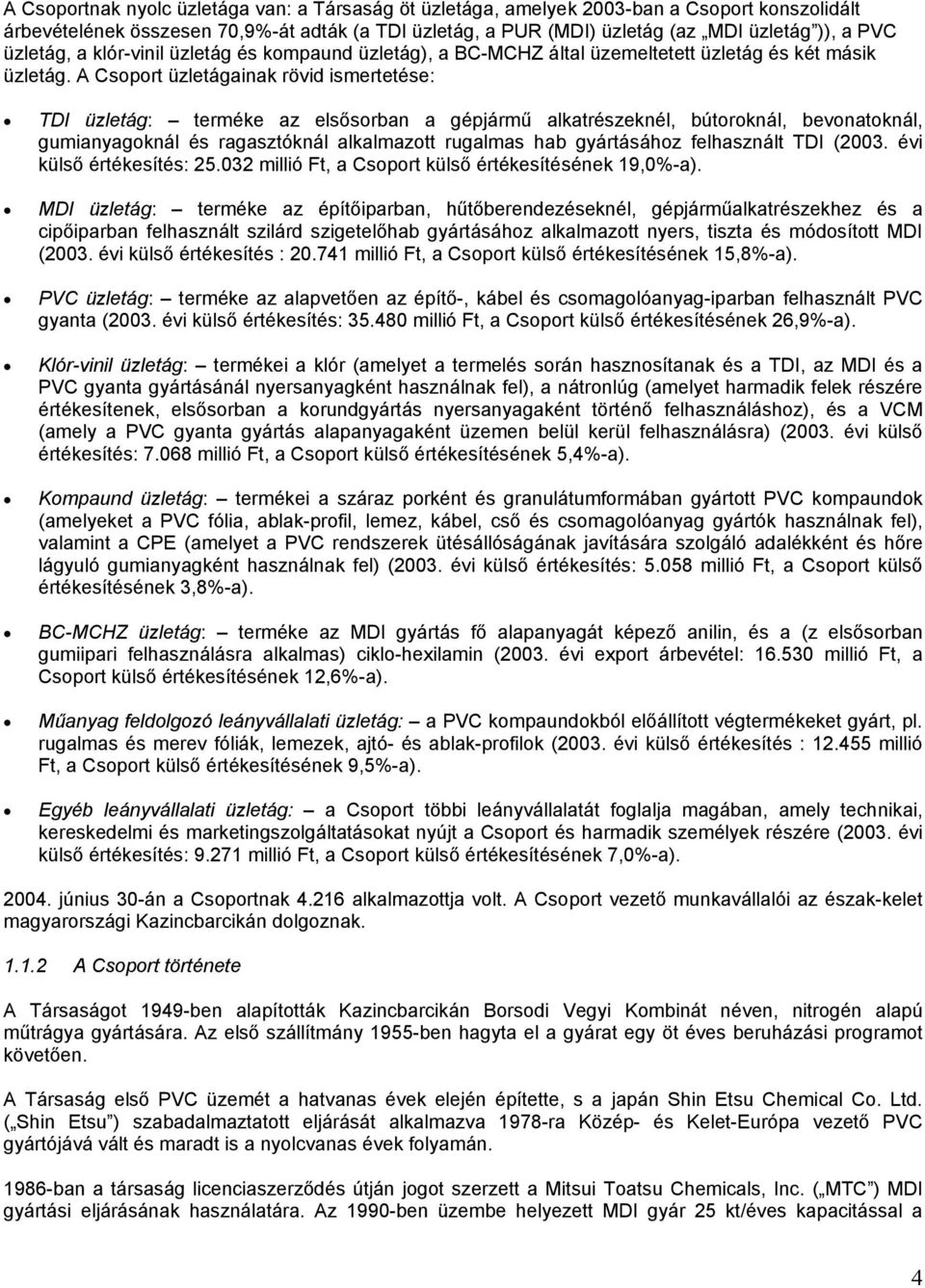 A Csoport üzletágainak rövid ismertetése: TDI üzletág: terméke az elsősorban a gépjármű alkatrészeknél, bútoroknál, bevonatoknál, gumianyagoknál és ragasztóknál alkalmazott rugalmas hab gyártásához
