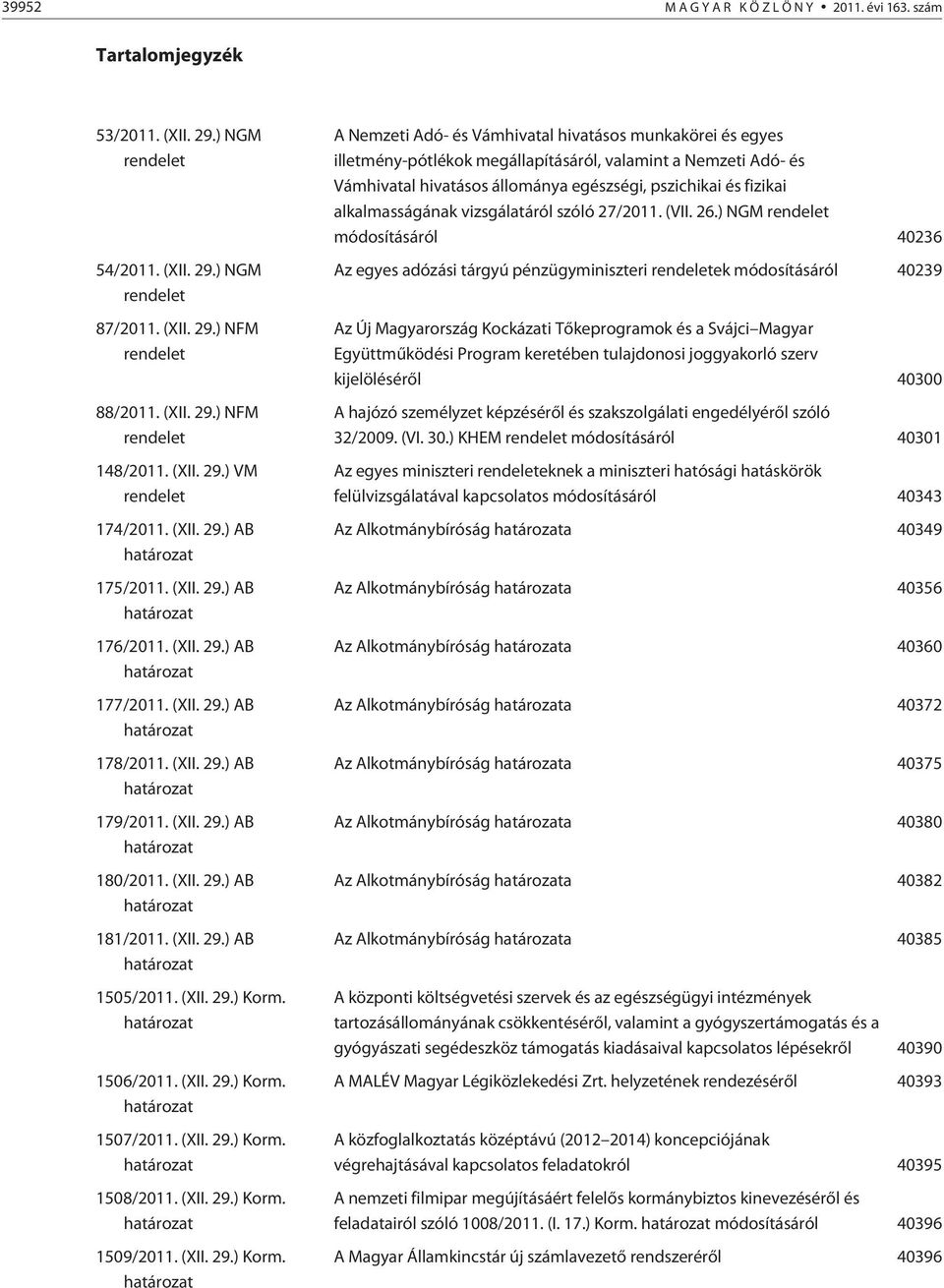 (XII. 29.) AB határozat 180/2011. (XII. 29.) AB határozat 181/2011. (XII. 29.) AB határozat 1505/2011. (XII. 29.) Korm. határozat 1506/2011. (XII. 29.) Korm. határozat 1507/2011. (XII. 29.) Korm. határozat 1508/2011.