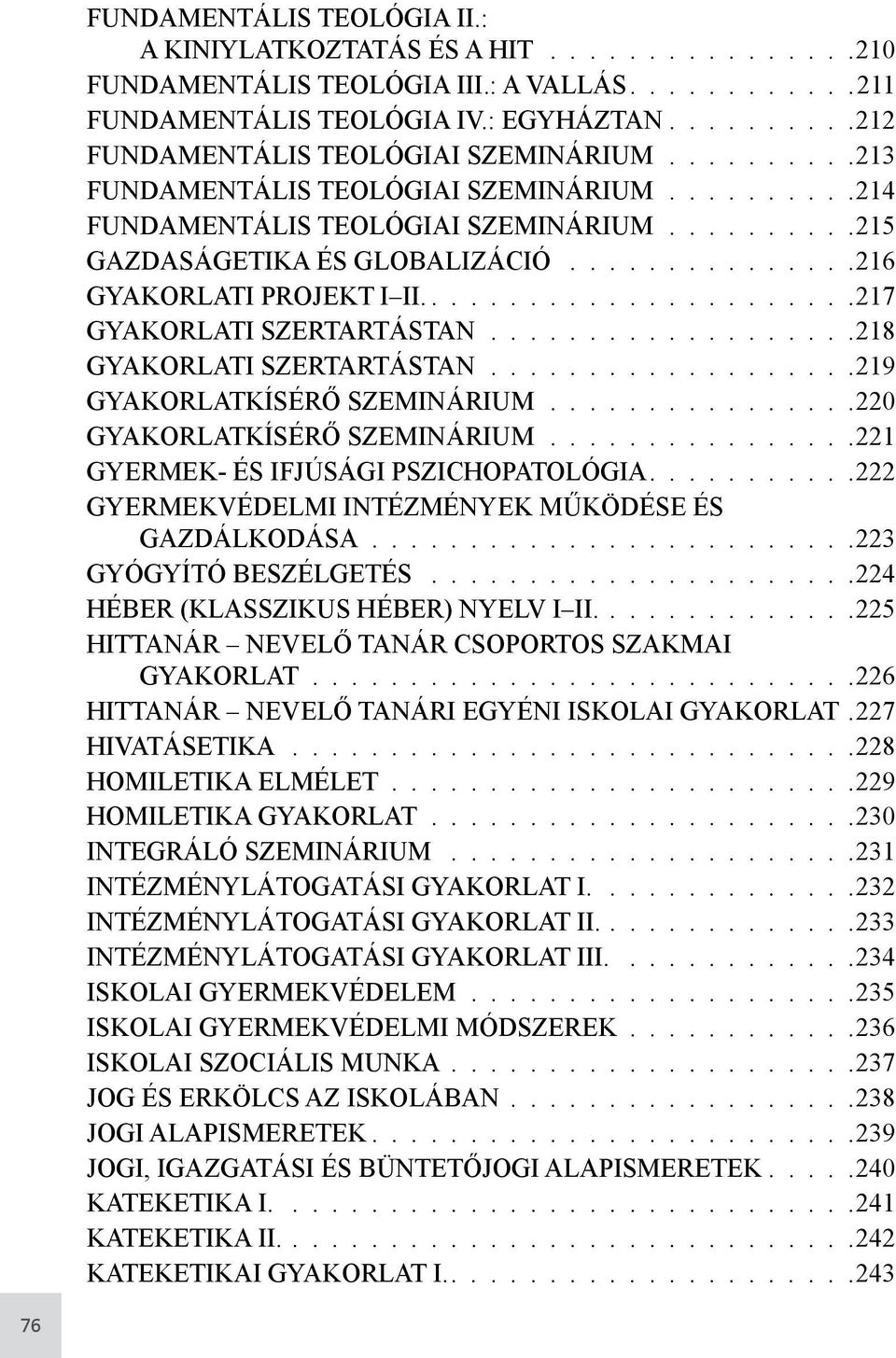 217 GYAKORLATI SZERTARTÁSTAN 218 GYAKORLATI SZERTARTÁSTAN 219 GYAKORLATKÍSÉRŐ SZEMINÁRIUM 220 GYAKORLATKÍSÉRŐ SZEMINÁRIUM 221 GYERMEK- ÉS IFJÚSÁGI PSZICHOPATOLÓGIA 222 GYERMEKVÉDELMI INTÉZMÉNYEK