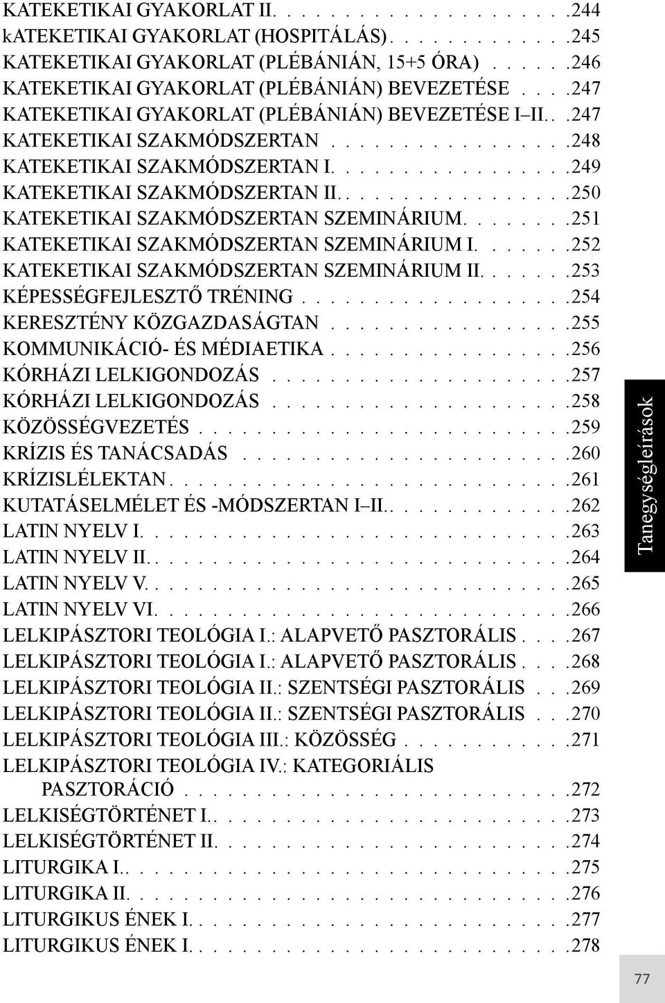 247 KATEKETIKAI SZAKMÓDSZERTAN 248 KATEKETIKAI SZAKMÓDSZERTAN I. 249 KATEKETIKAI SZAKMÓDSZERTAN II. 250 KATEKETIKAI SZAKMÓDSZERTAN SZEMINÁRIUM 251 KATEKETIKAI SZAKMÓDSZERTAN SZEMINÁRIUM I.