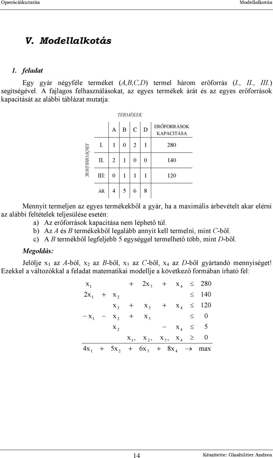 III: ÁR 6 8 Mennyit termeljen az egyes termékekbl a gyár, ha a maimális árbevételt akar elérni az alábbi feltételek teljesülése esetén: a) Az erforrások kapacitása nem léphet túl.