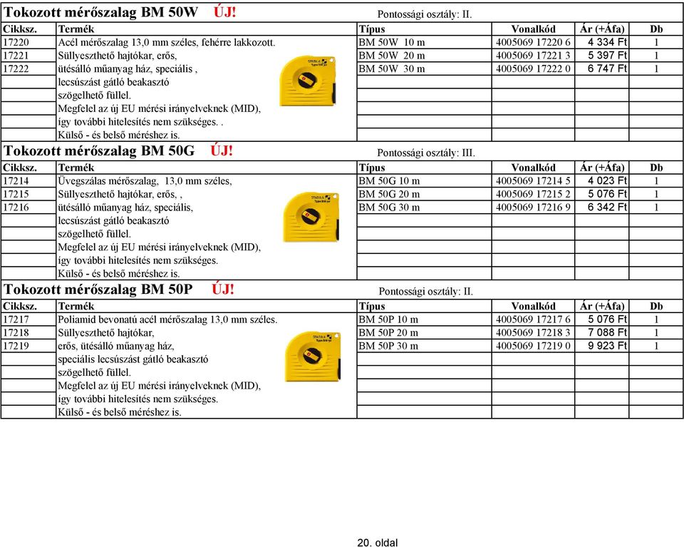 lecsúszást gátló beakasztó szögelhető füllel. Megfelel az új EU mérési irányelveknek (MID), így további hitelesítés nem szükséges.. Külső - és belső méréshez is. Tokozott mérőszalag BM 50G ÚJ!
