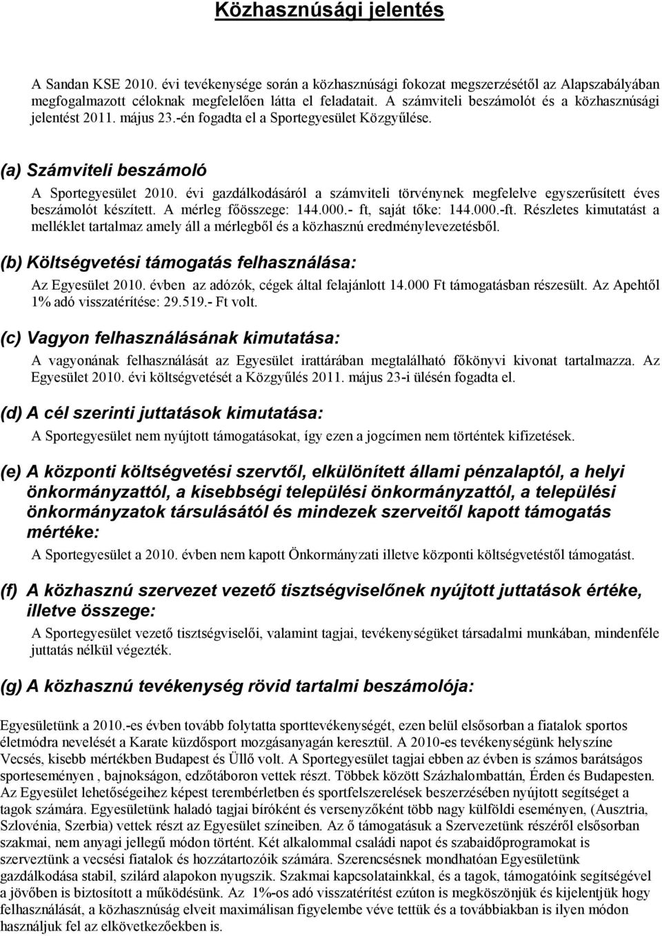 évi gazdálkodásáról a számviteli törvénynek megfelelve egyszerűsített éves beszámolót készített. A mérleg főösszege: 144.000.- ft, saját tőke: 144.000.-ft.