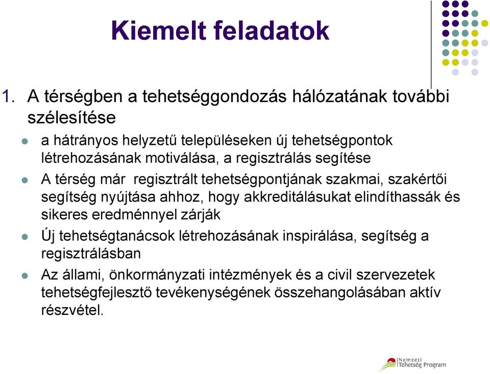 motiválása, a regisztrálás segítése A térség már regisztrált tehetségpontjának szakmai, szakértői segítség nyújtása ahhoz, hogy