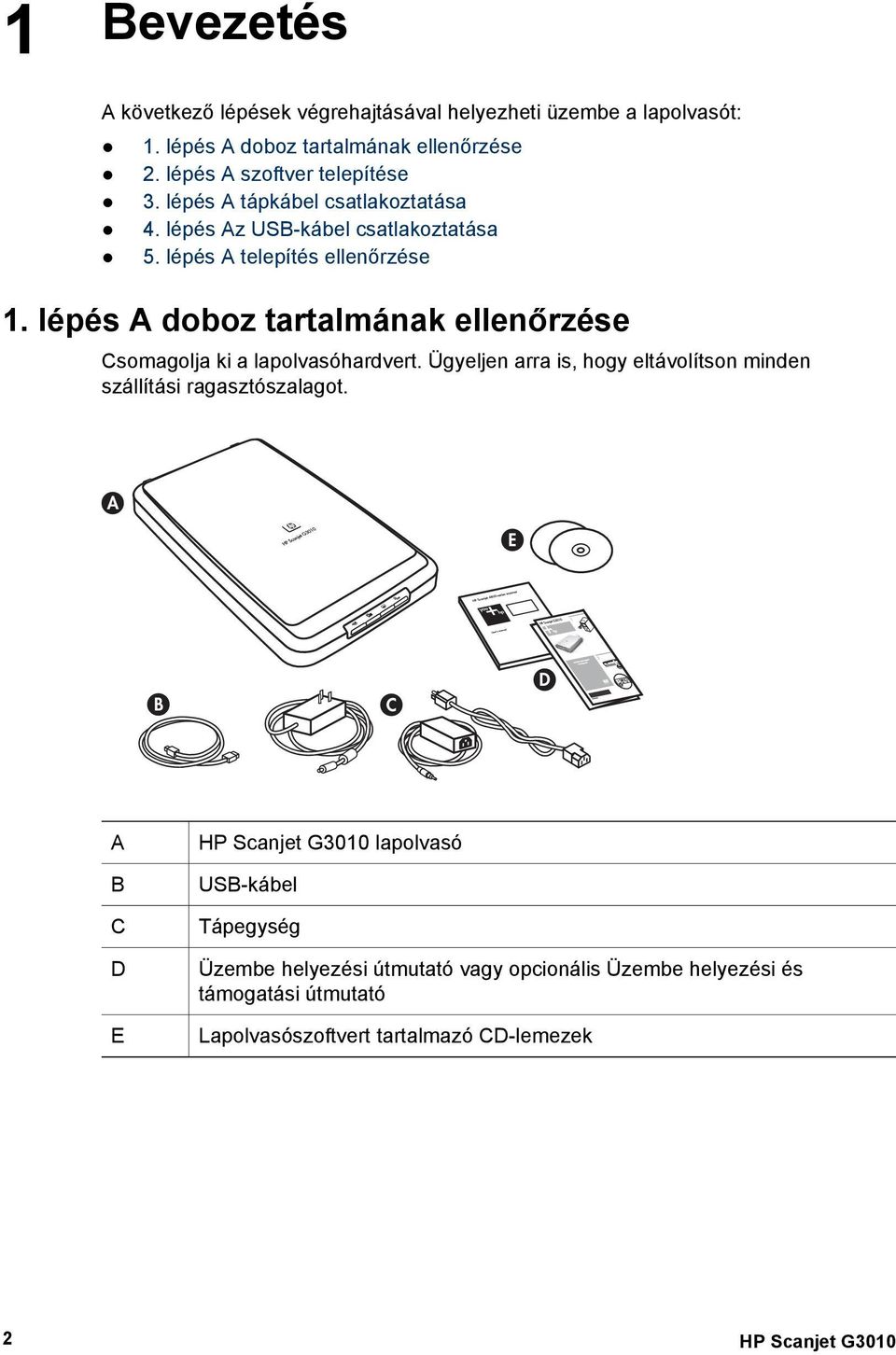 lépés A doboz tartalmának ellenőrzése Csomagolja ki a lapolvasóhardvert. Ügyeljen arra is, hogy eltávolítson minden szállítási ragasztószalagot.
