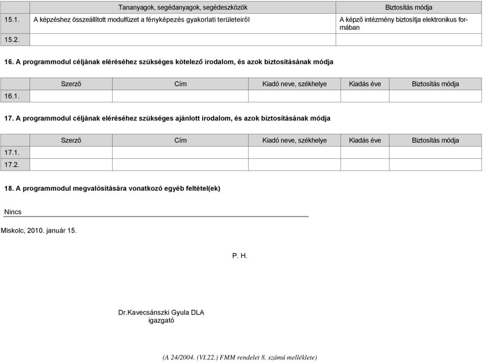 A programmodul céljának eléréséhez szükséges kötelező irodalom, és azok biztosításának módja 16.1. Szerző Cím Kiadó neve, székhelye Kiadás éve Biztosítás módja 17.