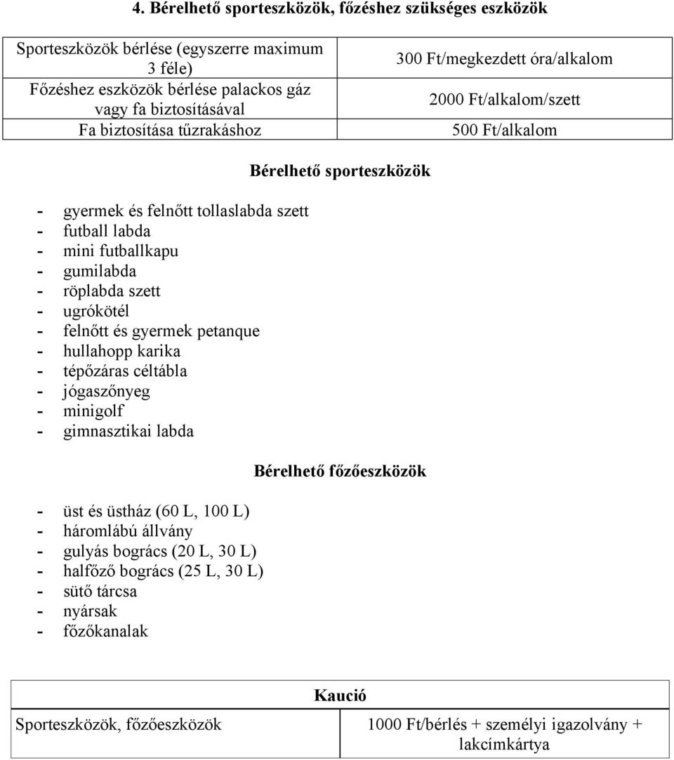 gyermek petanque - hullahopp karika - tépőzáras céltábla - jógaszőnyeg - minigolf - gimnasztikai labda - üst és üstház (60 L, 100 L) - háromlábú állvány - gulyás bogrács (20 L, 30 L)