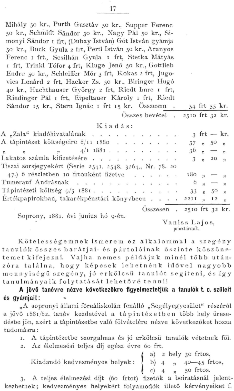 , Scheiffer Mór 3 frt, IZokas 2 frt, J ug o vics Lenárd 2 frt, Hacker Zs. so kr., Biringer Hugó 40 kr.